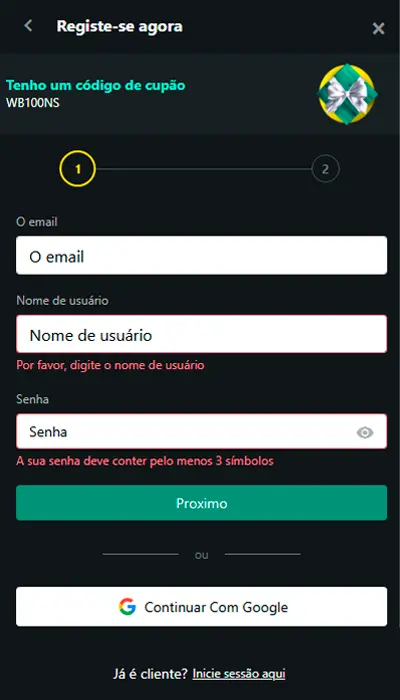inserir código 1bet