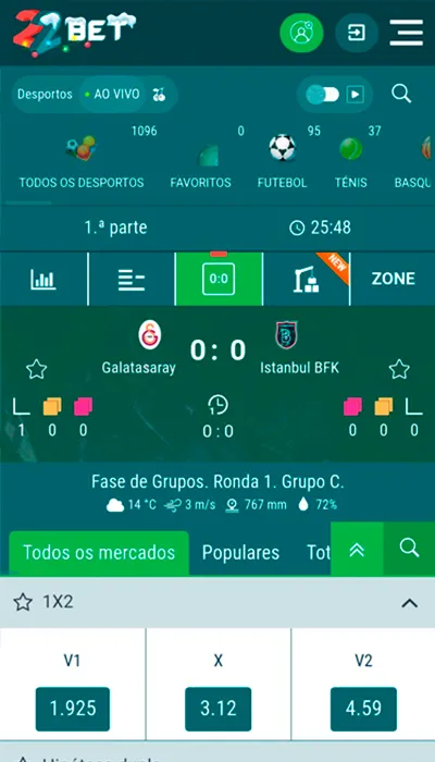 22bet ao vivo