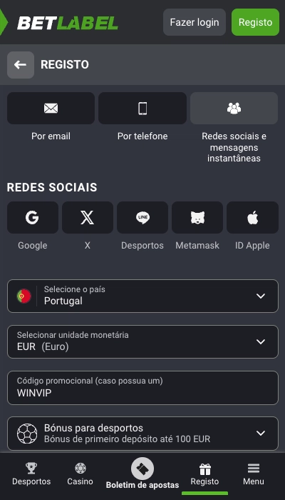 Registro Betlabel via redes sociais