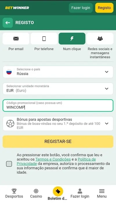 Cadastro na Betwinner