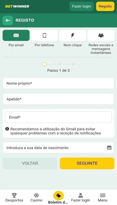 Registo Betwinner - Página 1