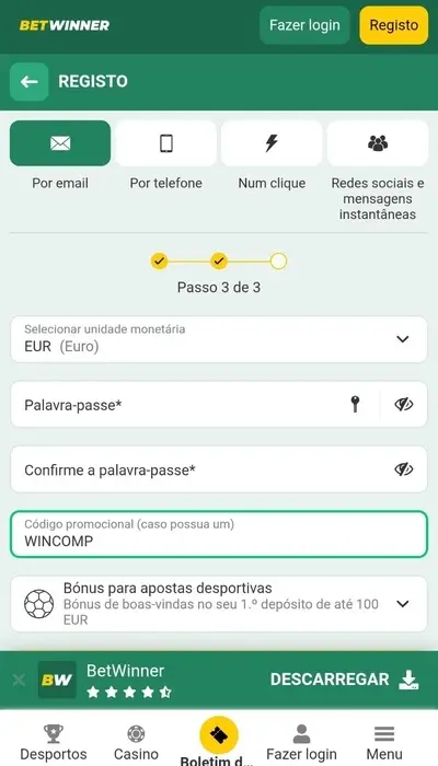 Inscrição Betwinner