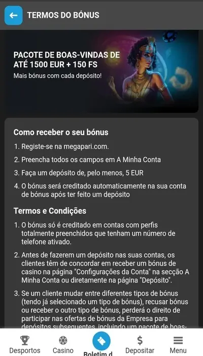 O bônus de cassino da Megapari