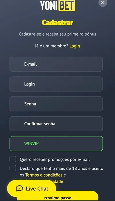 inserindo código yonibet
