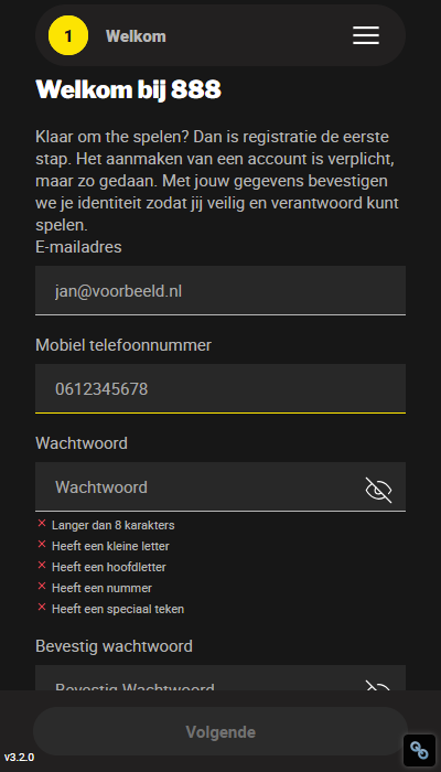 888registratie: welkom