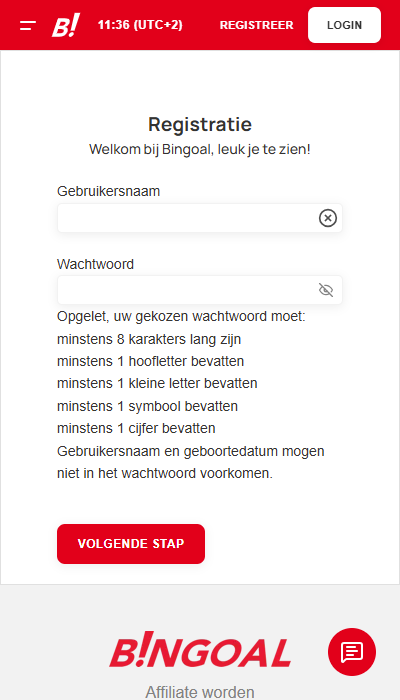 Bingoal registratie - gebruikersnaam + wachtwoord