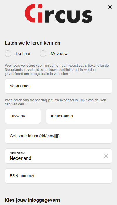 Circus registratie - persoonlijke gegevens