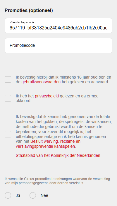 Circus registratie - bonus code + algemene voorwaarden