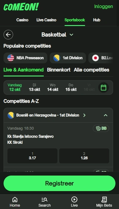 ComeOn registratie - homepagina