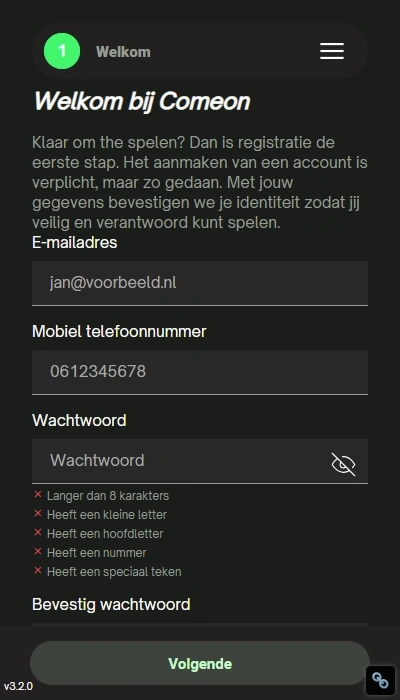 ComeOn registratie - e-mail en wachtwoord