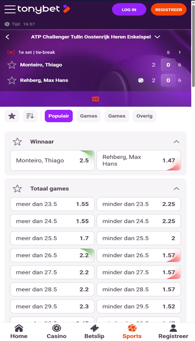 Live wedden bij Tonybet