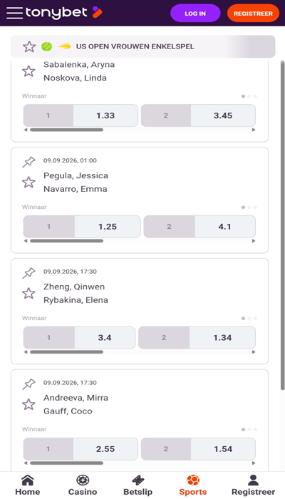 Tonybet: aangeboden odds