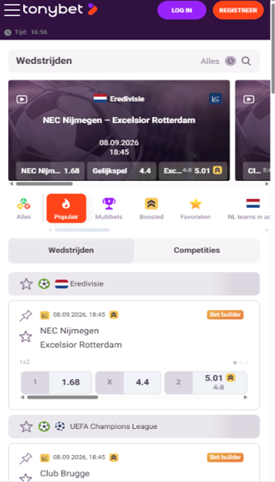 Tonybet registratie - homepagina