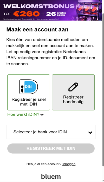 Tonybet registratie - iDIN of handmatig