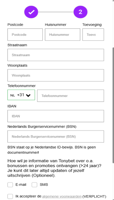 Tonybet registratie - gegevens invoeren