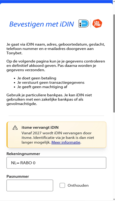 Tonybet registratie - iDIN