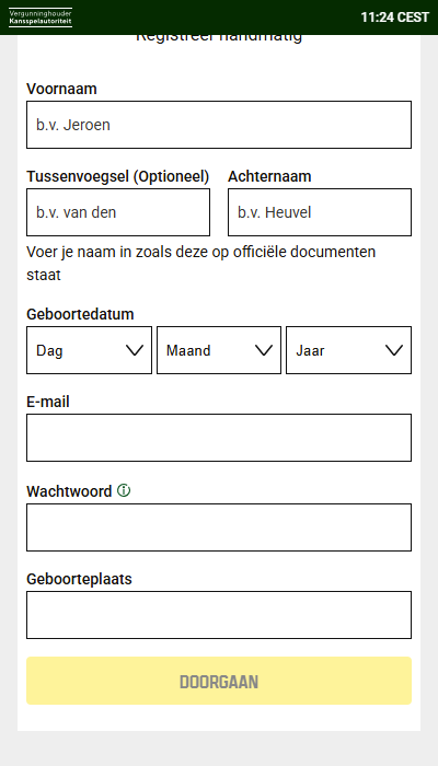 Unibet registratie - handmatig invoeren