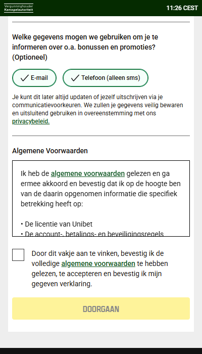 Unibet registratie - Algemene voorwaarden