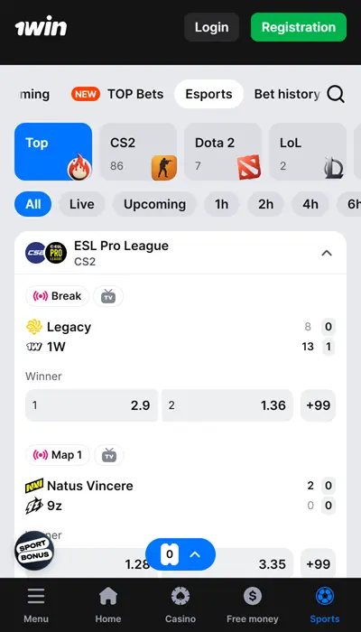 eSport betting at 1win