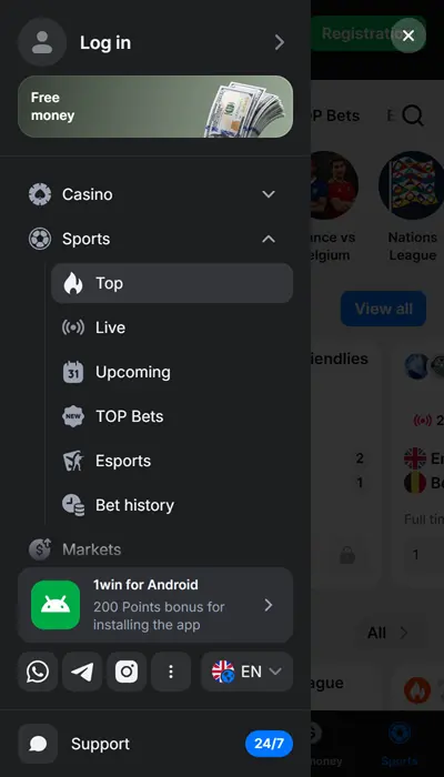 Sports markets at 1win