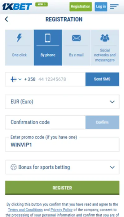 1xbet register by phone