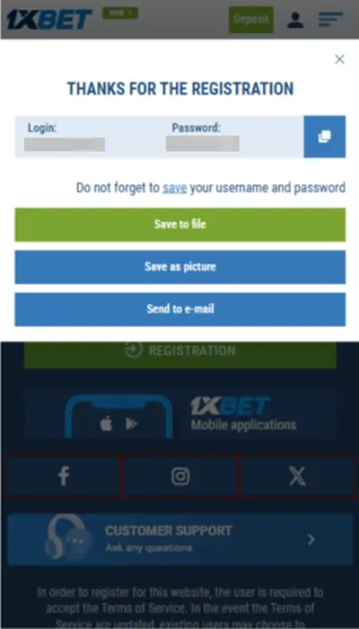 1xbet successfully registered