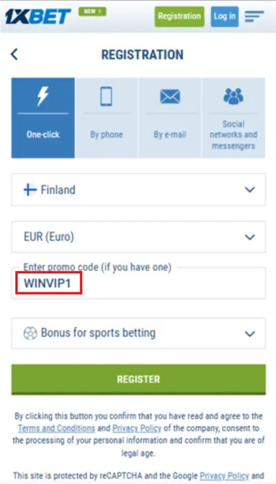 1xbet one-click sign up