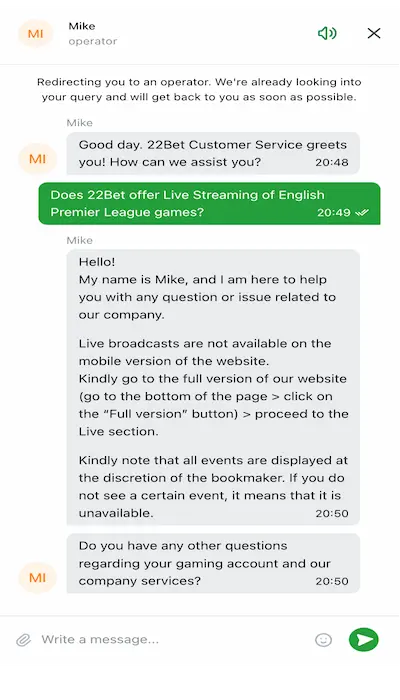 Live chat at 22Bet