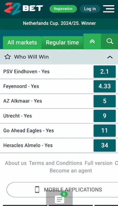 Outright bets - 22Bet