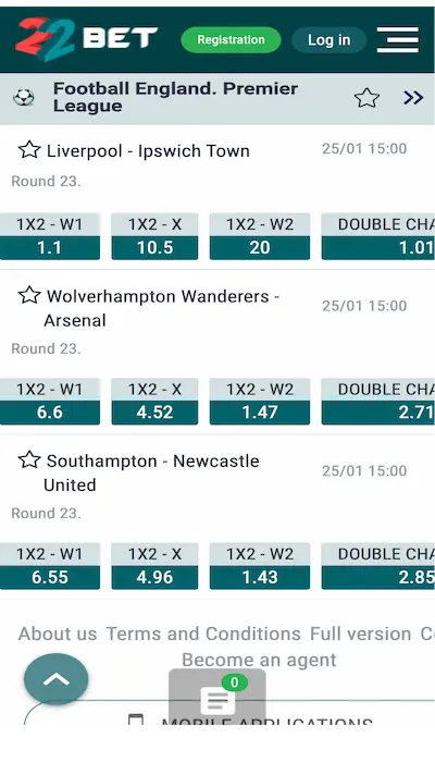 Odds at 22Bet