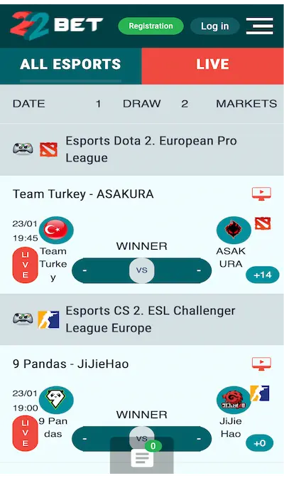 eSport betting at 22Bet