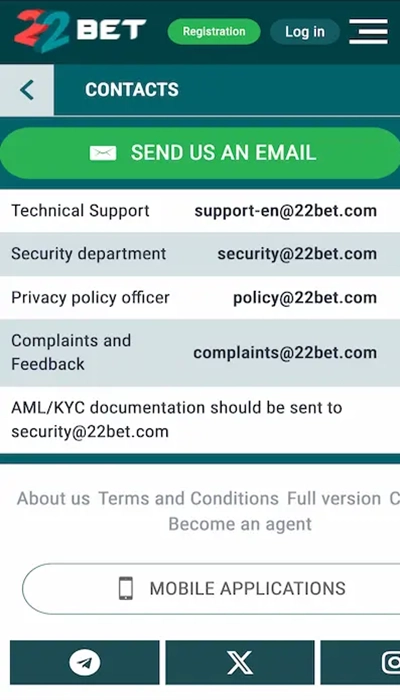 Customer support at 22Bet