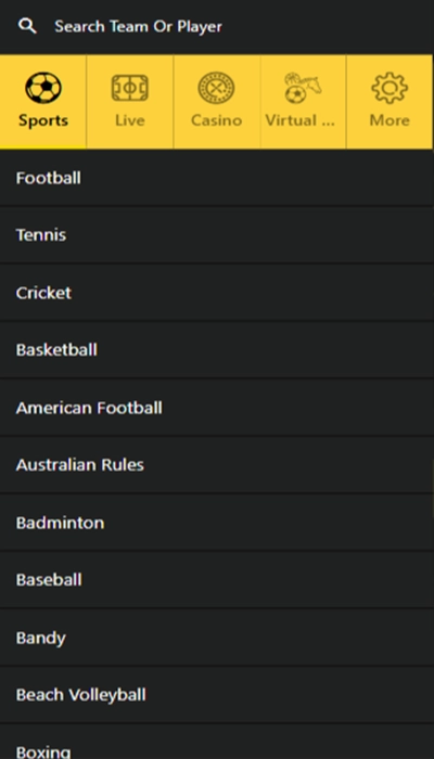 Sports markets at betObet