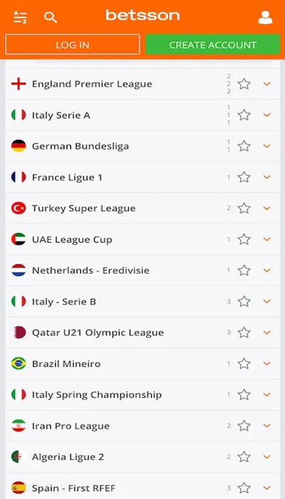 Competitions open to betting -  Betsson