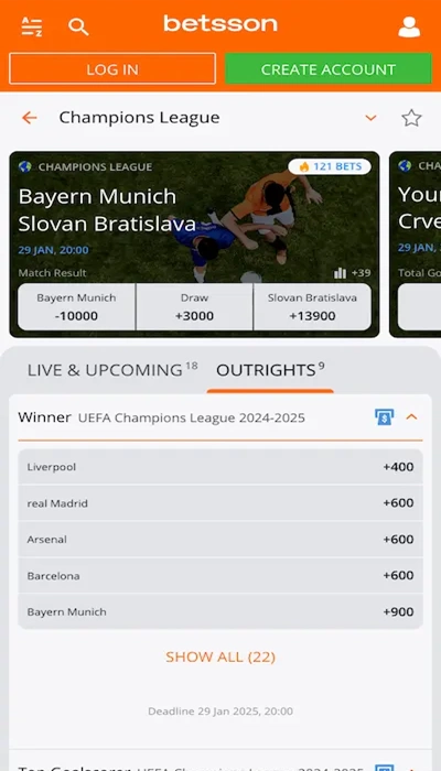 Outright bets - Betsson