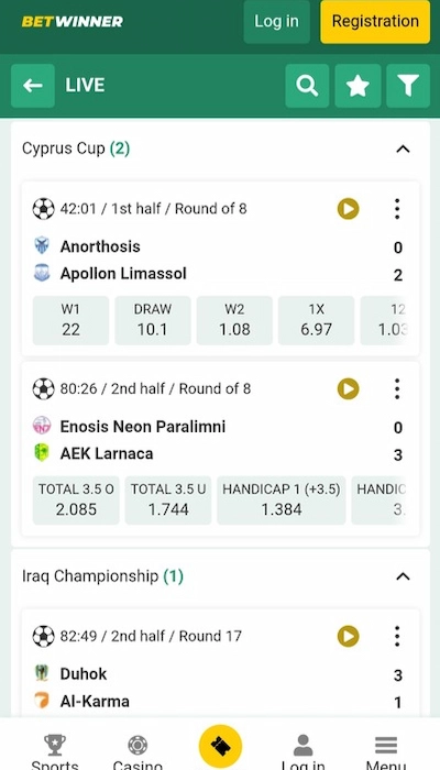 Live betting at Betwinner