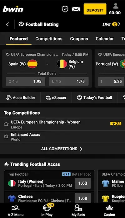 Competitions open to betting at Bwin