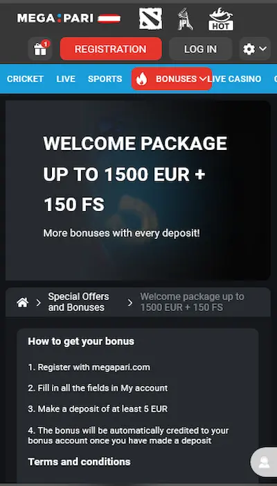 The Megapari casino bonus