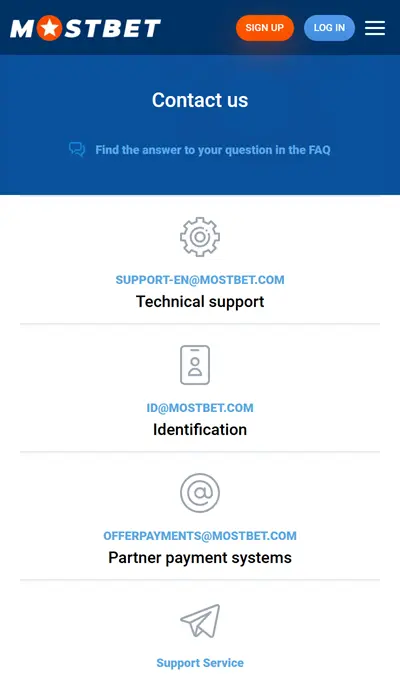 Interfejs kontaktu Mostbet