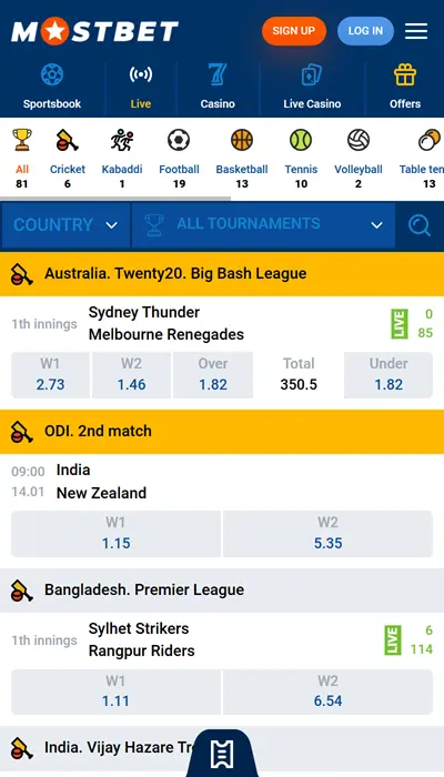 Schermata del live betting su Mostbet