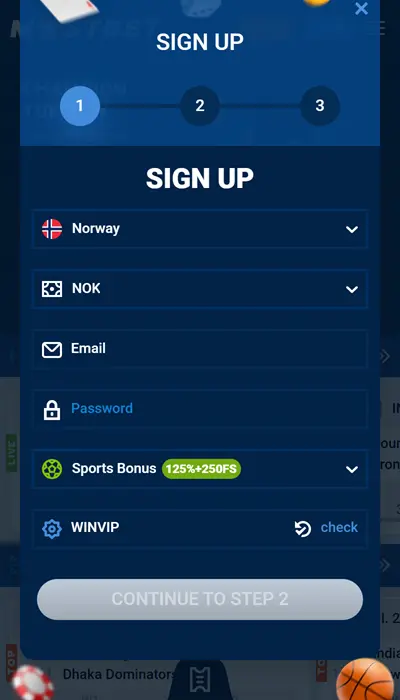 Screenshot registrace na Mostbet