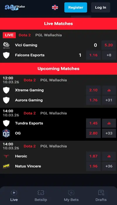 Mystake esports betting interface displaying live markets