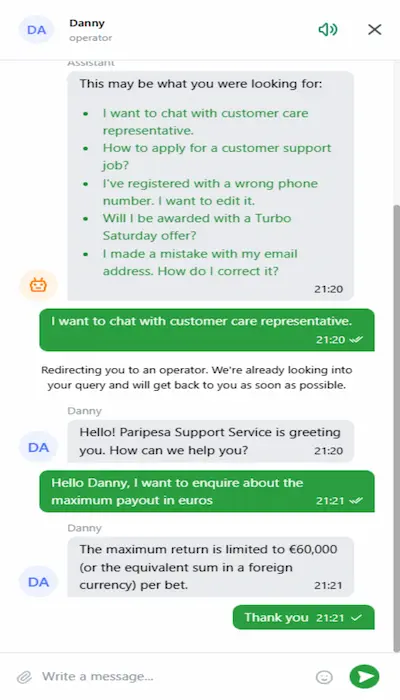 Paripesa live chat