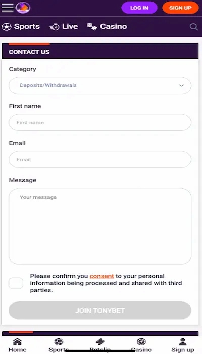 tonybet customer service