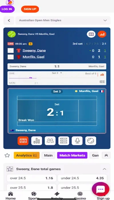 Tonybet Live-Wetten Interface mit laufenden Quoten und Statistiken
