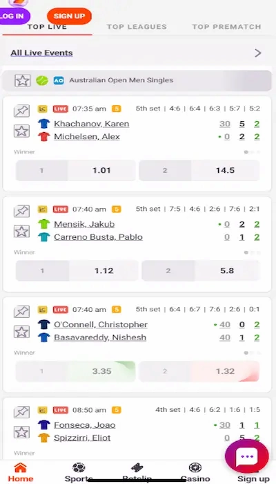 Technischer Screenshot der Tonybet Oberfläche mit hervorgehobenen Menüpunkten für Sport, Live-Casino und Konto