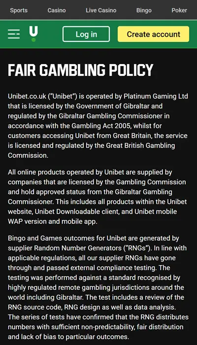 unibet fair gambling policy