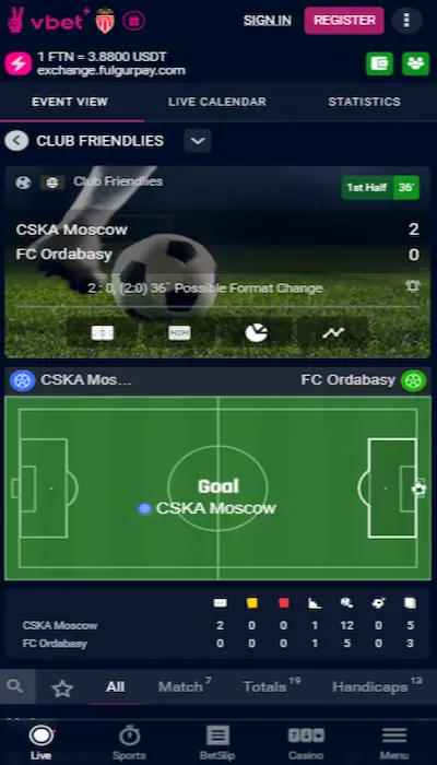 Live betting at Vbet