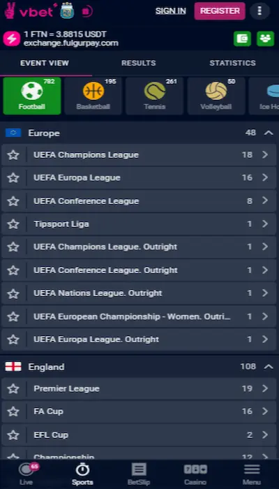 Competitions open to betting - Vbet