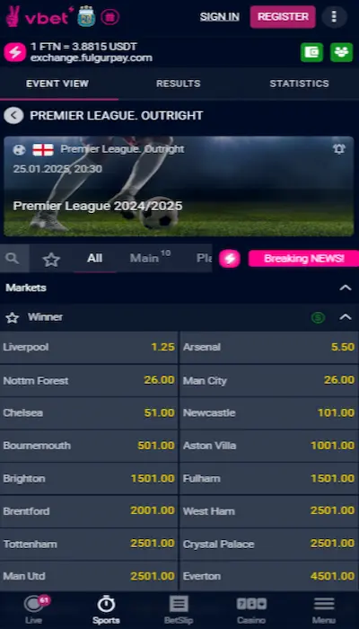 Outright bets - Vbet